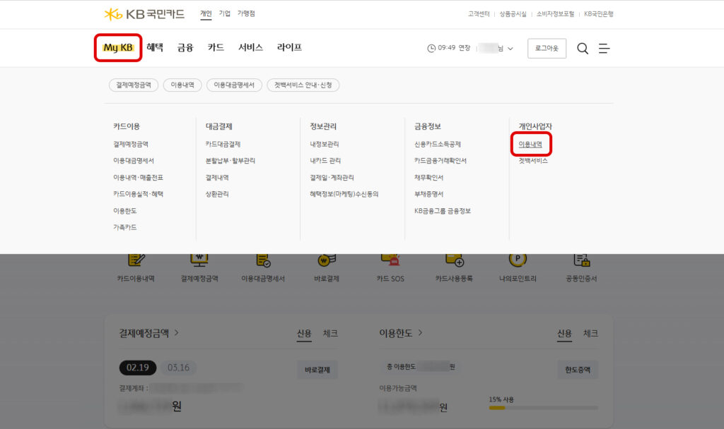 국민카드 부가세 신고용 개인사업자 카드 이용내역 조회 화면