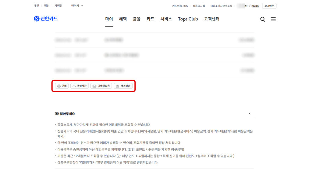 신한카드 엑셀 저장 및 발송 선택 화면