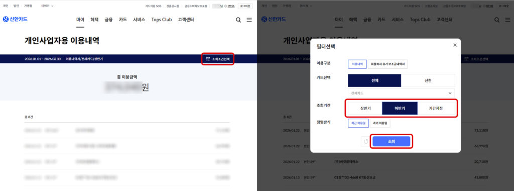 신한카드 이용내역 조회기간 설정 화면